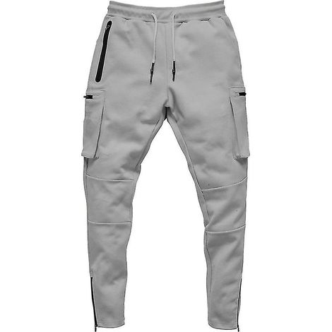 Pantalon cargo de sport européen/américain pour homme, camouflage, idéal pour le fitness, la course et l'entraînement. Fermeture éclair tendance. Taille L, gris clair. (1/5)