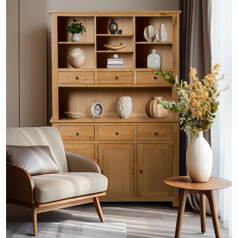 Hallowood Furniture Waverly Large Oak Display Cabinet, Light Oak Sideboard with Top, 3-Door Cupboard, 6 Drawers & Open Shelves, Solid Wooden Dresser Unit for Living Room, Kitchen or Dining Room (1/5)