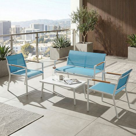 Ensemble de jardin 4 places : canapé, fauteuils, table en métal, bleu. (1/5)