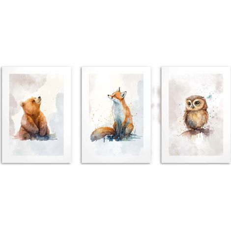 Affiches aquarelles pour enfants, ensemble de peintures pastels d'animaux de la forêt 50x70 (1/5)