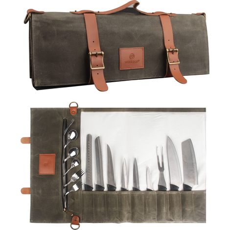 Sac à Couteaux (10 Poches), en Toile cirée, Sac de Transport pour Couteaux, Sac de Rangement avec poignée et bandoulière (Couteaux Non Inclus), Vert, Classique