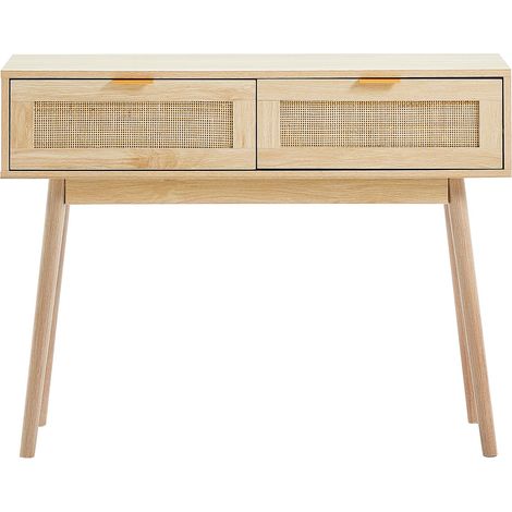 Table console en rotin avec 2 tiroirs et porte coulissante, idéale pour entrée, salon ou bureau. Finition naturelle, pratique et élégante. (1/5)