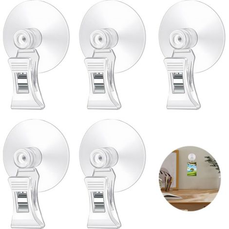 XEPHO 5 Pièces Ventouse avec Pince, Support à Clip à Crochet à Ventouse Multifonction Plastique Transparent Ventouse Avec Clip pour Verre Fenêtres Aquarium Supermarché Salle de Bain (1/5)