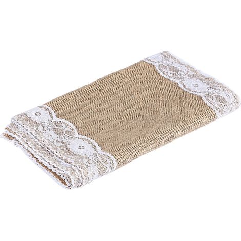 1 chemin de table, toile de jute naturelle et dentelle blanche, 30 cm x 275 cm, pour mariage champêtre vintage shabby chic