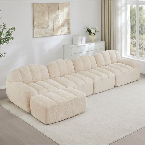 Divano modulare 4 posti con ottomano, forma a conchiglia, beige bianco DESVIAE (1/5)