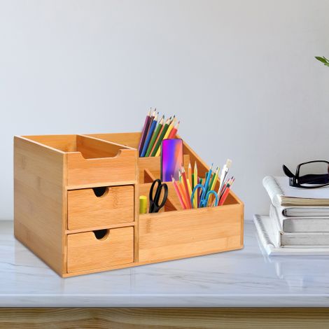 Organiseur de Bureau en Bambou avec Tiroir - Boîte à Stylos, Plateau et Rangement Multifonctionnel pour Papeterie (1/4)