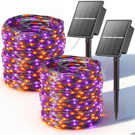 Luci solari per esterni, decorazioni di Halloween, 2 x 12 m, 400 LED per Halloween, 8 modalità, luci a stringa impermeabili arancioni e viola per esterni, balcone, giardino [Classe energetica A]