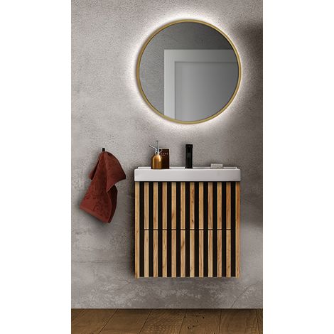 Badmöbel Set mit 60 cm Waschtisch und LED Spiegel LUCCA-107 in Eiche Nb. mit Lamellenfronten, B/H/T: ca. 61/200/46 cm (1/5)