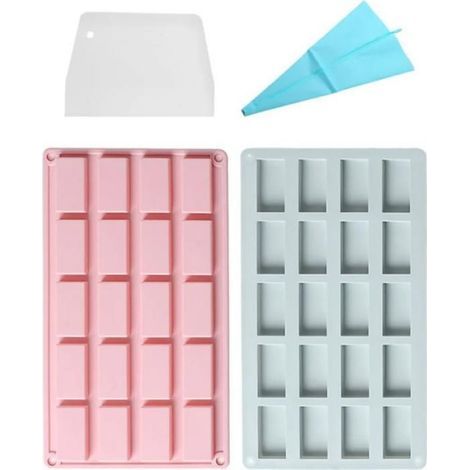 Set mit 2 Silikon-Seifenformen (20 kleine rechteckige Mulden) für handgemachte Seife/Kuchen/Schokolade + Spritzbeutel/Schaber (1/5)