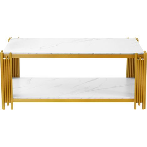 Tavolino da caffè rettangolare effetto marmo con gambe in metallo, bianco oro, 114x63,5x46,3 cm (1/5)