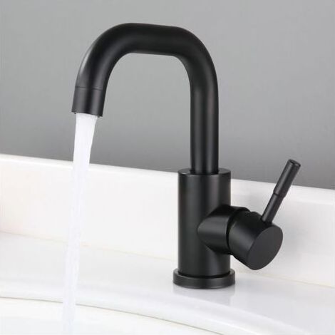 Robinet d'eau chaude et froide noir en acier inoxydable petit robinet de bassin rotatif brossé de salle de bain incurvé (1/3)