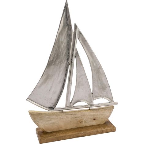 Alu Schiff mit Standfuß aus Mangoholz - groß / 40 cm - Maritimer Aufsteller Segelboot aus Metall und Holz - Küsten Deko Tisch Figur