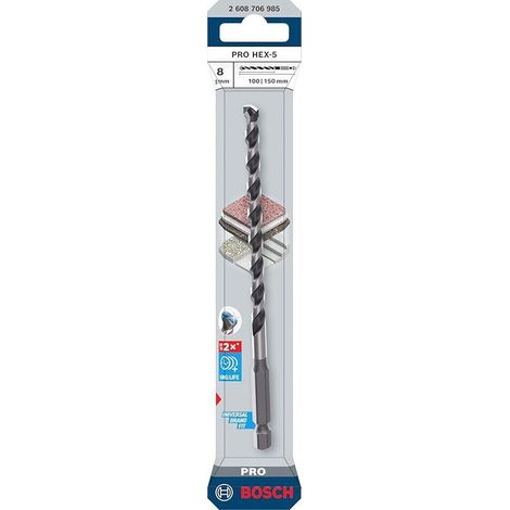 BOSCH broca hormigon hex-5 bosch  6x100x150 , Broca PRO HEX-5
Para taladros/atornilladores de impacto, Para taladros/atornilladores, Para atornilladores de impacto
PRO HEX-5
Dura h