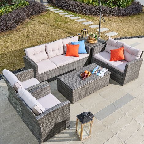 Abrihome 7-Seat Outdoor Rattan Furniture Garden Sofa Set with Two Storage Boxes, Grey (1/5)