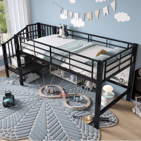 Letto a soppalco 250x110x95 cm con scala contenitore, 79.5 cm da terra, struttura in metallo e MDF, nero (1/5)