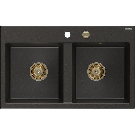 Mexen Hektor lavello in granito a 2 vasche 800 x 480 mm, nero/oro metallizzato, sifone oro - 6521802000-75-G (1/5)
