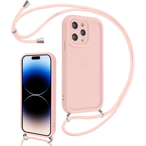 Coque pour iPhone 14 Pro Max 6,7" avec Cordon de Collier Réglable, Etui Protection de la Caméra Silicone Souple TPU Antichoc Housse avec Corde Lanyard Cover pour Femmes Filles, Rose (1/5)