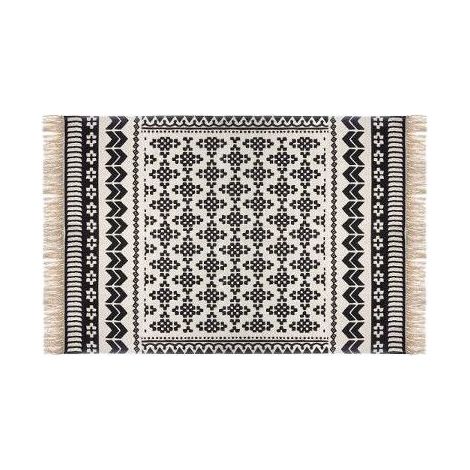 Atmosphera – Tapis shaggy en coton noir et écru 120 x 170 cm – Résistant à l'humidité – Finition franges – Motifs ethniques pour décoration intérieure