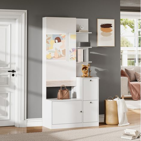 Flurschrank 85x40x180 cm Weiß Spanplatte mit Spiegel, 2 Türen, Schuhschrank und 5 offenen Ablagen (1/5)