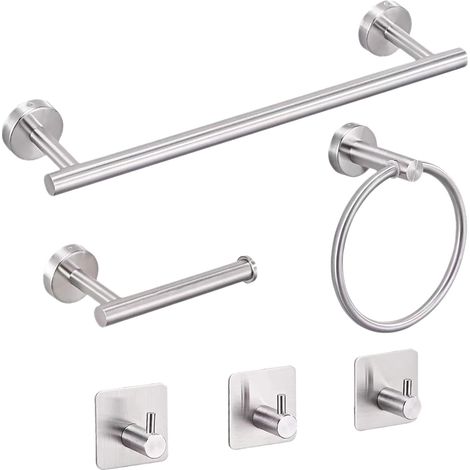 Juego de 6 accesorios de baño: toallero, aro para toalla, portarrollos de papel higiénico con 3 ganchos, acero inoxidable, montaje en pared, ganchos para colgar. (1/5)
