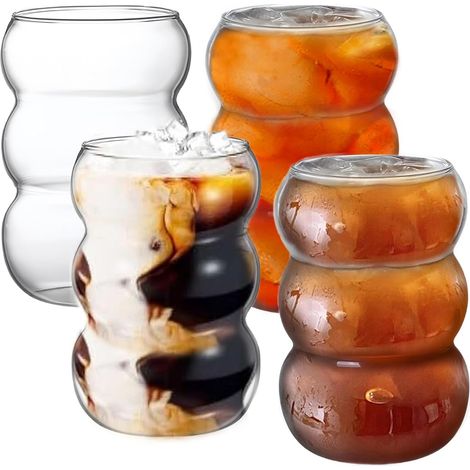 Lot de 4 verres à bulles nervurés de 550 ml, verres à café glacé, verres à latte macchiato, verres à cocktail faits à la main, verre à café glacé pour lait, macchiato, whisky (1/5)