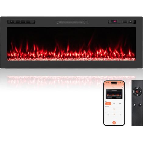 COSTWAY Camino elettrico da 50" con riscaldamento 750W/1500W, camino da incasso con telecomando/controllo tramite app WiFi, 12 colori di fiamma e braci, timer 12 ore, camino elettrico da parete 127 x (1/4)