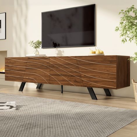 Mobile TV 160x39x50,5 cm color noce con facciata ondulata, 4 ante e gambe in metallo nero, MDF (1/5)
