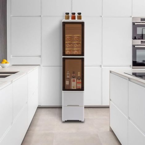 Nischenschrank mit Rollen, 4-Stufiger Aufbewahrungsschrank Badezimmerschrank mit 2 Schubladen und 2 Fächern, Schmales Regal aus PP-Kunststoff, Nischenregal 25 cm Breit, 25 38 114 cm
