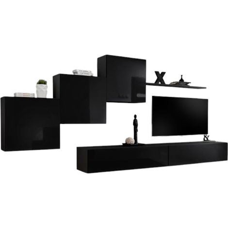 Composizione murale SWITCH X - Mobile TV da parete, cubi sospesi e scaffale - Nero lucido - Design moderno