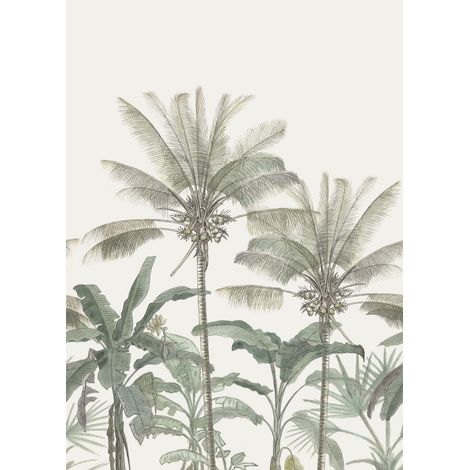 Papier peint panoramique palmiers beige clair et vert grisé – 4 panneaux de 50 cm – Papier intissé écologique – Dimensions 200 x 279 cm – Estahome (1/5)
