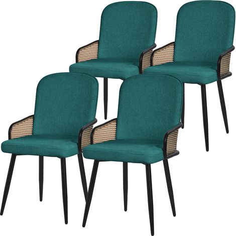 ML-Design Esszimmerstühle 4er Set Petrol mit Stoffbezug, Küchenstuhl mit Rattan Optik-Armlehnen, Gepolsterte Stühle mit Stahlgestell, Sessel ergonomisch, Polsterstühle Akzentstühle für Esszimmer Küche