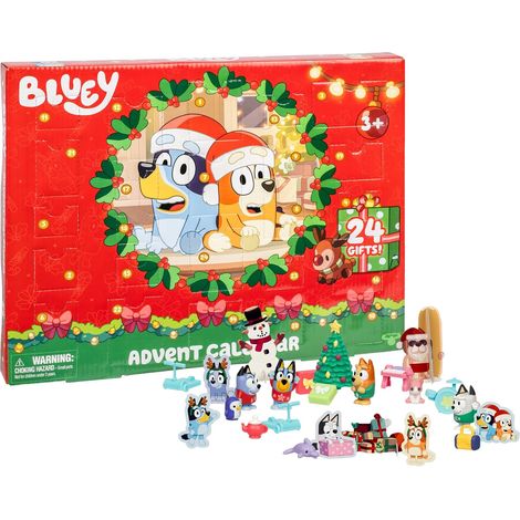 Calendrier de l'avent Bluey avec 4 mini figurines de Bluey, Bingo, Muffin et Socks, 12 accessoires supplémentaires, 3 silhouettes en papier et 5 autocollants à découvrir dans 24 cases