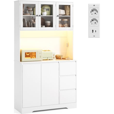 Aparador 180 cm de Alto Bealife Mueble de Cocina con Encimera Iluminación LED de Colores Cambiantes Estantes Ajustables Tomas de Corriente 5 puertas 3 Cajones 100 x 40 x 180 cm Blanco