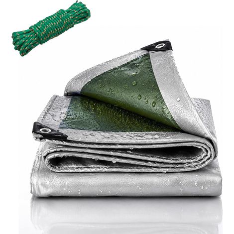Bâche de protection imperméable en polyéthylène - 3 x 3 m - Avec œillets et corde de 5 m - Bâche en tissu indéchirable - Stable aux UV - Multifonction - Pour meubles de jardin, bois, piscine, voiture (1/5)