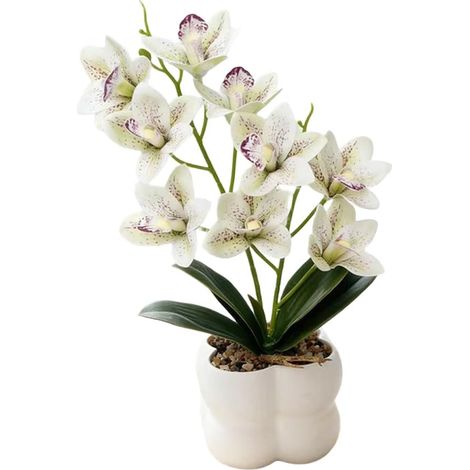 Orchidée artificielle, 9 têtes d'orchidée cymbidium, bonsaï, décoration de bureau, plante artificielle en pot pour la décoration de la maison (blanc) (1/5)