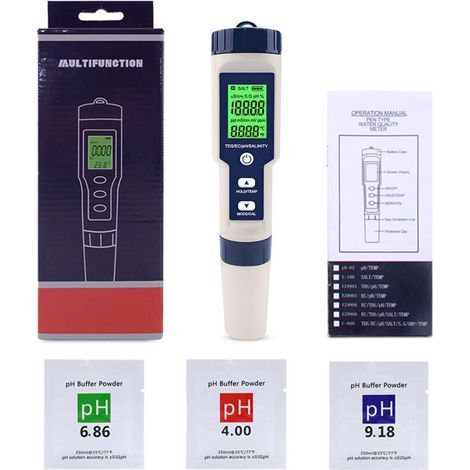 Elektronisches 5-in-1-pH-Meter mit TDS-, EC-, Salzgehalts- und Temperaturmessung hochpräzises, wasserdichtes Multi-Parameter-pH-Messgerät (IP67) pH- und Salzgehaltsmessgerät für Poolwasser mit automat (1/5)