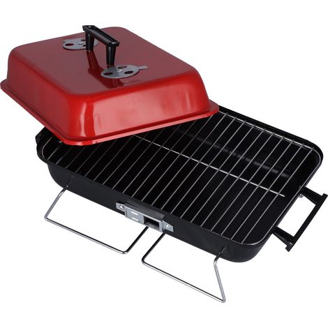 Barbecue carré au charbon de bois pour usage domestique, efficace, amovible, avec couvercle rouge, pour le camping et la cuisine en plein air (1/5)