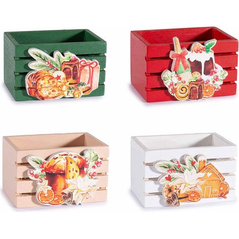 Cestini di Natale in legno colorato a staccionata con decoro natalizio a rilievo a forma di dolcetti, set da 16 pezzi, cm 8,5 x 6 x 5 H