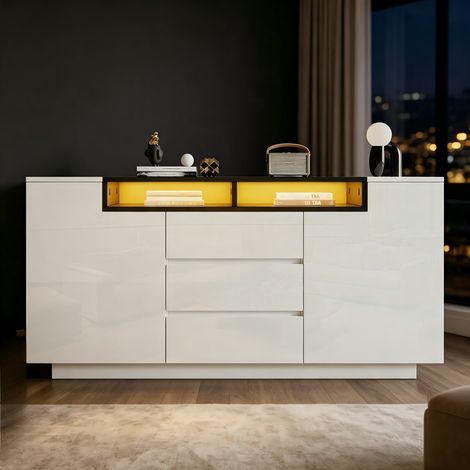 Buffet de salon 140 x 40 x 68 cm avec 2 portes en L, meuble de rangement avec séparateurs réglables et éclairage LED, meuble laqué brillant à 3 tiroirs, commode, blanc et noir (1/5)