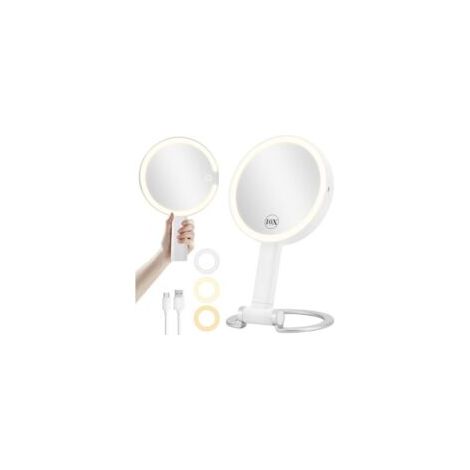 Espejo de aumento con luz, espejo de maquillaje recargable con luz y aumento de 1X/10X de doble cara, espejo de maquillaje de viaje con 3 colores de luz regulable, espejo de mano portátil para colgar (1/4)