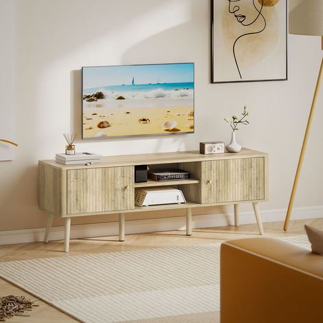 Mobile porta TV, adatto a televisori fino a 65 pollici, con 2 ante, 2 vani a giorno, ripiano regolabile, 140x35x49 cm, rovere.