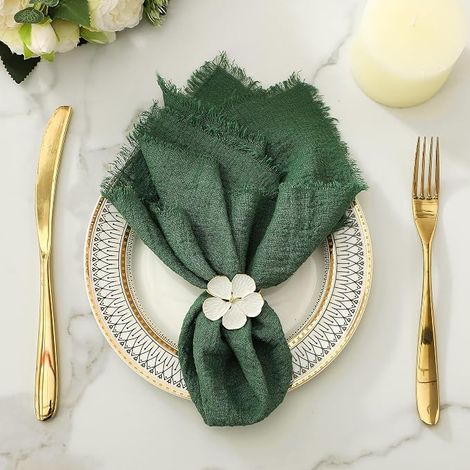 Set de 12 serviettes en lin : serviettes en tissu de coton faites main, polyvalentes, 17x17 pouces, serviettes de table pour repas, mariage, Noël et fêtes, vert foncé (1/4)