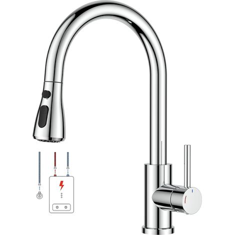 Robinet Cuisine, Mitigeur Cuisine, Pivotant à 360° d'Évier à Arc Élevé Pulvérisateur Escamotable 2 Modes, Acier Inoxydable (1/5)