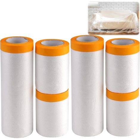 6 Rouleaux de Film de Masquage avec Ruban Adhésif Transparente (4 x 55 cm×20 m + 2 x 150 cm×20 m), Blebâches Anti-Poussière en Plastique avec Ruban Adhésif Bache De Protection Peinture (1/5)