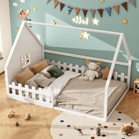 Cama Infantil 140x200 Cm Pino Blanco, Silueta Casita Lúdica Barandilla Segura (1/5)