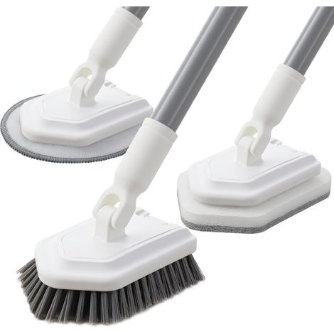 3 en 1 Brosse de Nettoyage de Baignoire avec Long Manche(135cm), Brosse Douche Nettoyage, Brosse Salle à Poils Rigides, Éponge à Récurer & Microfibres pour Salle de Bain, Baignoire, Sol (1/5)