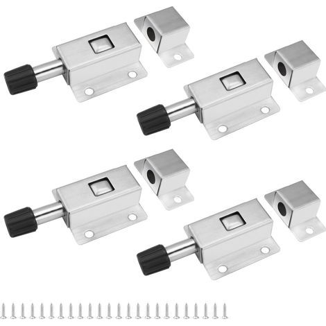 Pestillo automático de acero inoxidable para puertas, 4 piezas, pestillo deslizante con resorte, pestillo pequeño con tornillos, cerrojo cilíndrico apto para persianas, puertas de jardín y armarios. (1/5)