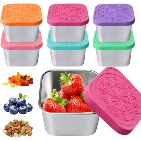Lot de 6 boîtes à goûter en acier inoxydable 180 ml avec couvercle en silicone, étanches, pour fruits, sauces et repas (1/2)