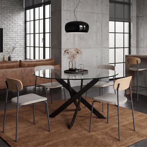 Table ronde design + 4 chaises bois-PU beige et métal noir - DESIAL (1/5)