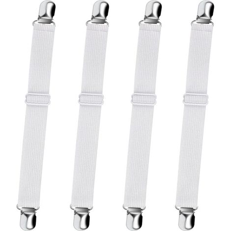 4er-Pack verstellbare Spannbettlakenhalter (weiß), verstellbare Lakenklammern für Bettlaken, Sofas und Bügelbrettbezüge MUMU (1/4)